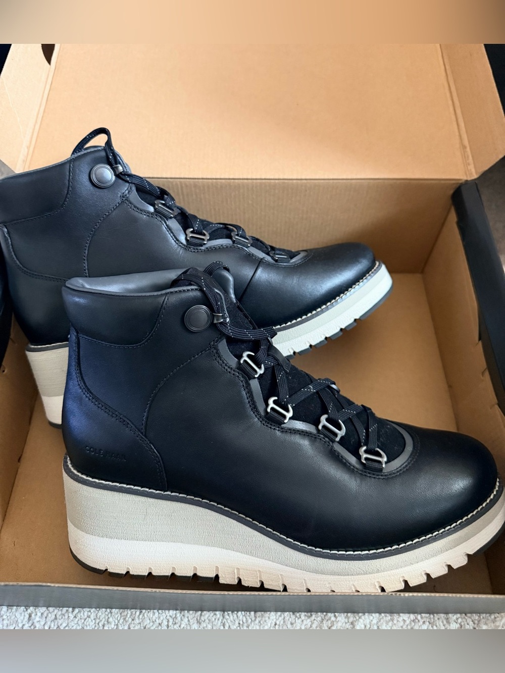 Cole Haan Zero Grand City Leather Wedge Boots Black US, Almost New 10